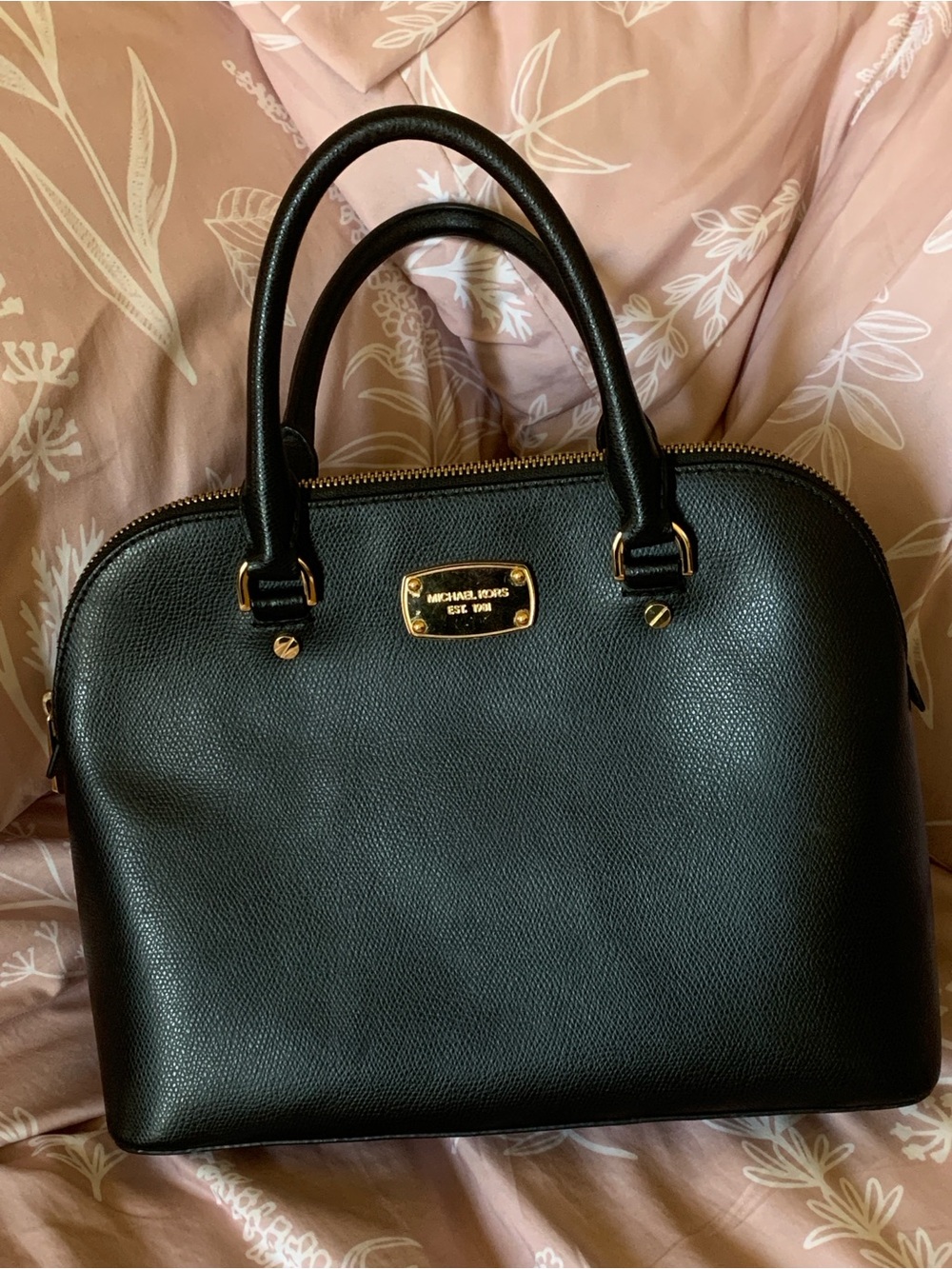 Michael Kors Black Leather Dome Satchel with Gold Hardware